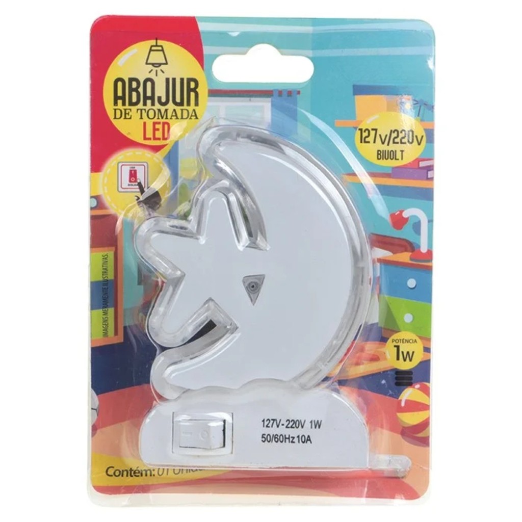Abajur de Tomada Luminária Luz Noturna com Interruptor Estrela c/ Lua Led Colorido