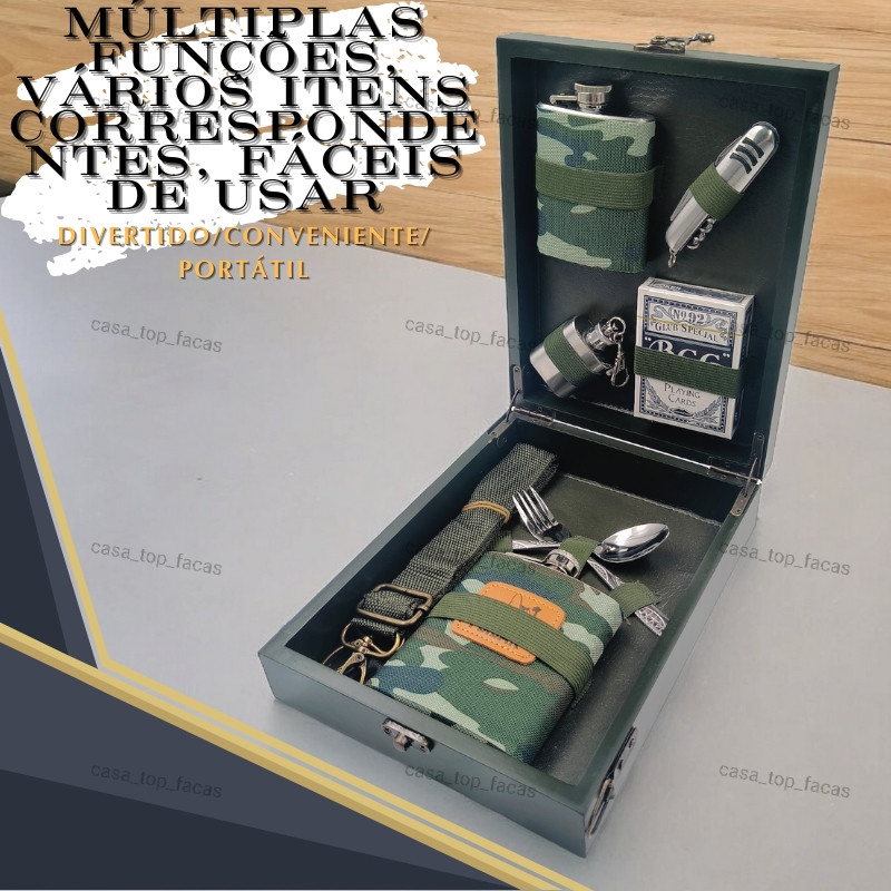 Kit Cantil 5oz + 7oz com Talheres, Canivete Suíço, Baralho e Chaveiro para Aventuras
