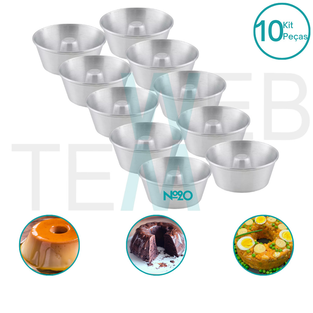 Kit 10 Formas de Pudim 8x20cm de Alumínio Sustentável para Bolos com Furo, Cuscuz, Pudim, Manjar, Brigadeirão e Sobremesas, Cozimento Uniforme, Fácil Limpeza e Durabilidade, Ideal para Cozinhas Residenciais e Profissionais