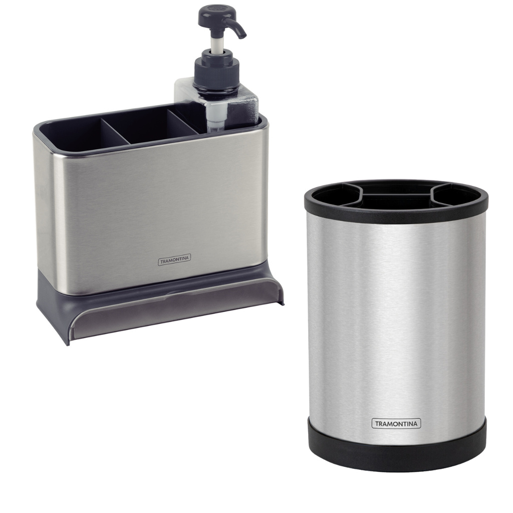 Dispenser Sabão Detergente Tramontina E Porta Utensílios Inox Kit Cozinha em Oferta na Shopee