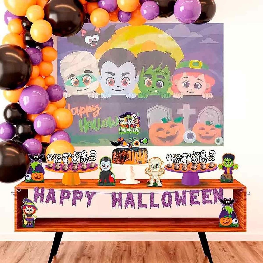 Kit Festa Fácil Halloween Cute EVA Com Painel TNT + 38 Peças