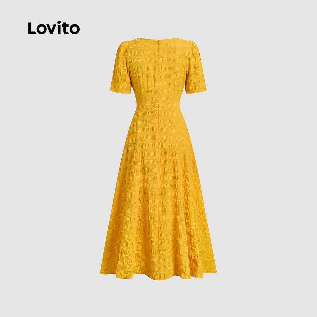 Detalhes do Lovito Vestido Elegante com Zíper Textura de Boa Qualidade Vestido Amarelo Primavera/verão para Mulheres LBL26200