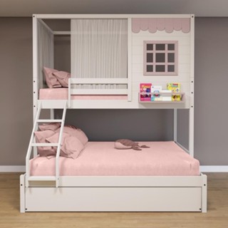 Treliche Casinha Reta Casal/ Solteiro Com Cortina Madeira Maciça Branco/ Rosa Housin em Oferta na Shopee