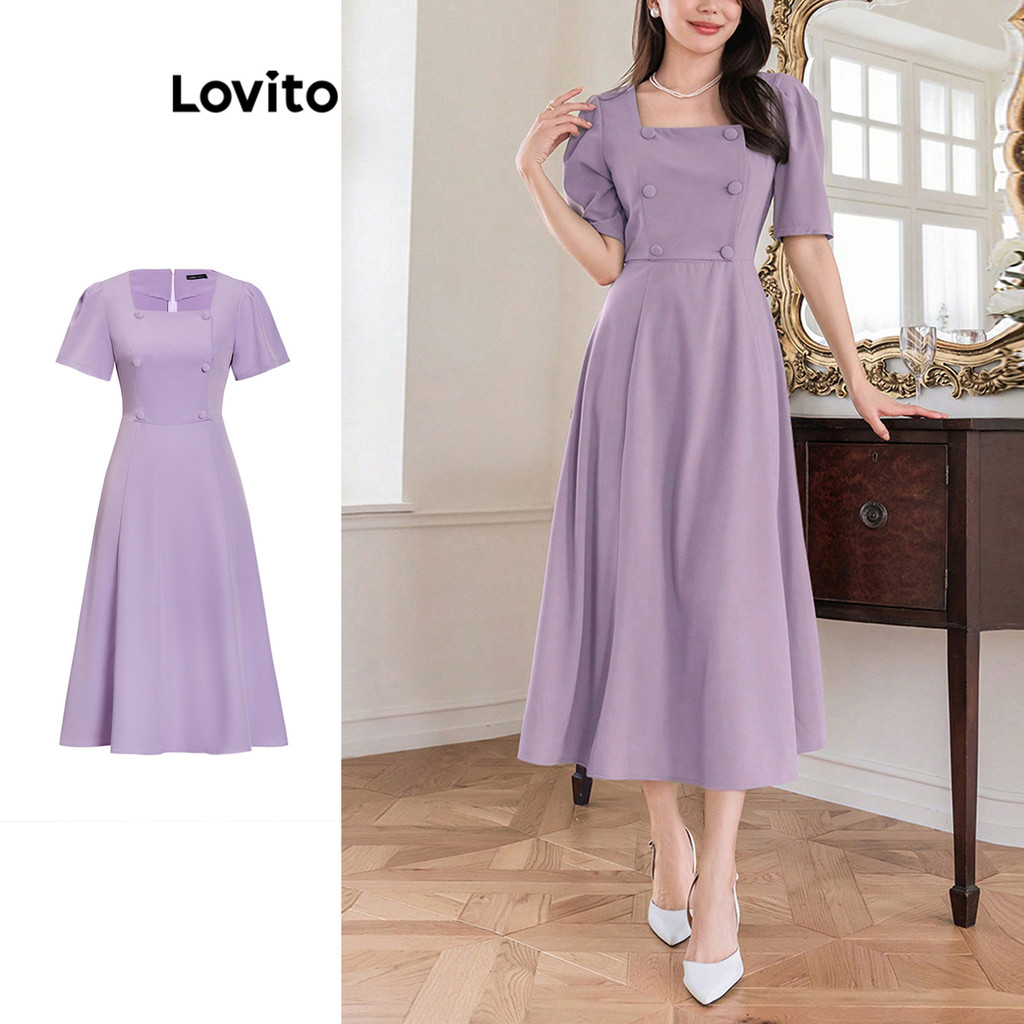 Lovito Vestido Elegante Vestido Liso Com Botões Para Mulheres L100MD425