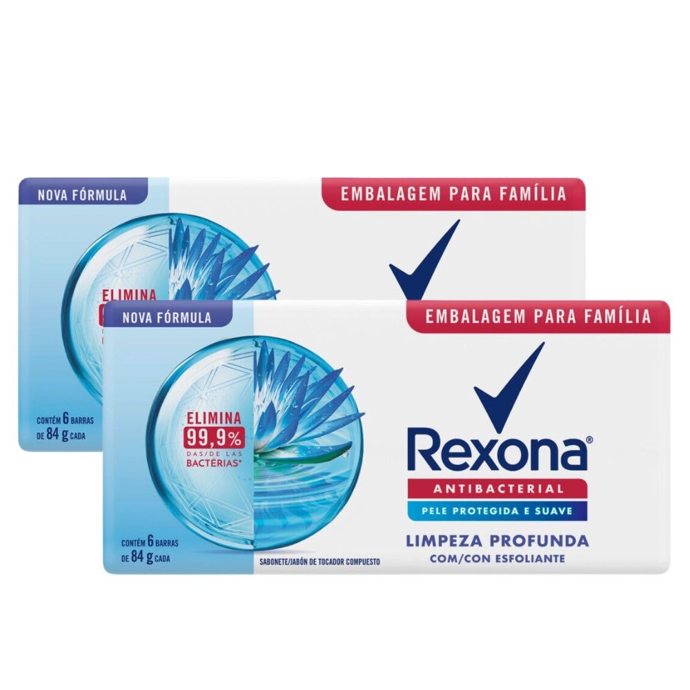 Kit 2 Sabonete em Barra Rexona Antibacterial Limpeza Profunda 84g com 6 Unidades - Beauty