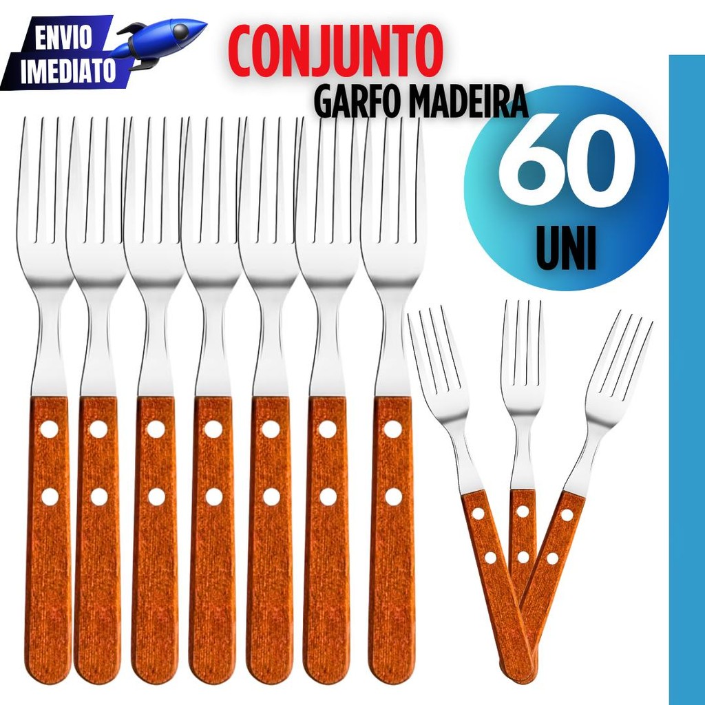 Talheres Inox 60 Peças Design Rústico Cabo de Madeira, Ideal Churrascos e Serviços Profissionais.