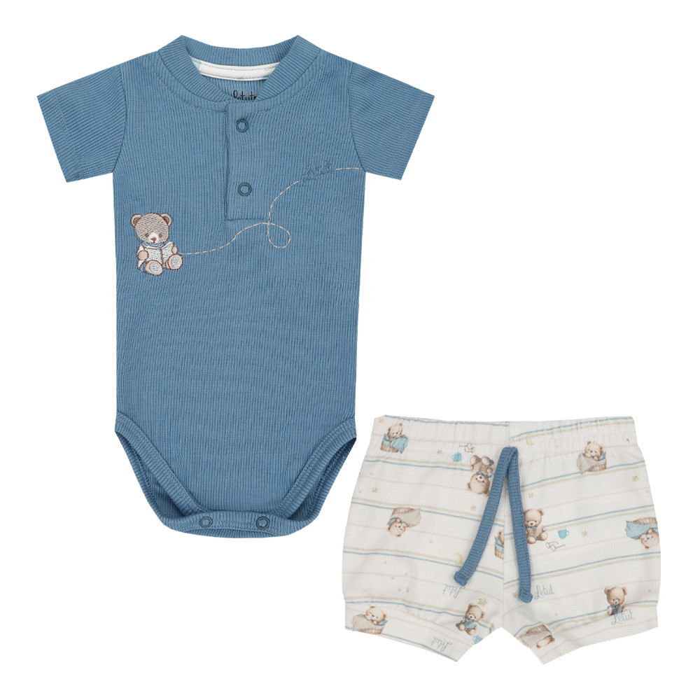 LT18222 - CONJUNTO PARA BEBÊ  CURTO BODY EM RIBANA E SHORT ESTAMPADO COM CORDÃO DECORATIVO TAM RN AO G