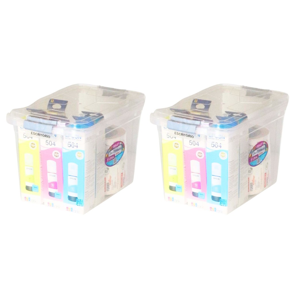 Kit 2 Caixa Plástica 5L com Tampa e Trava de Segurança Transparente e Empilhável