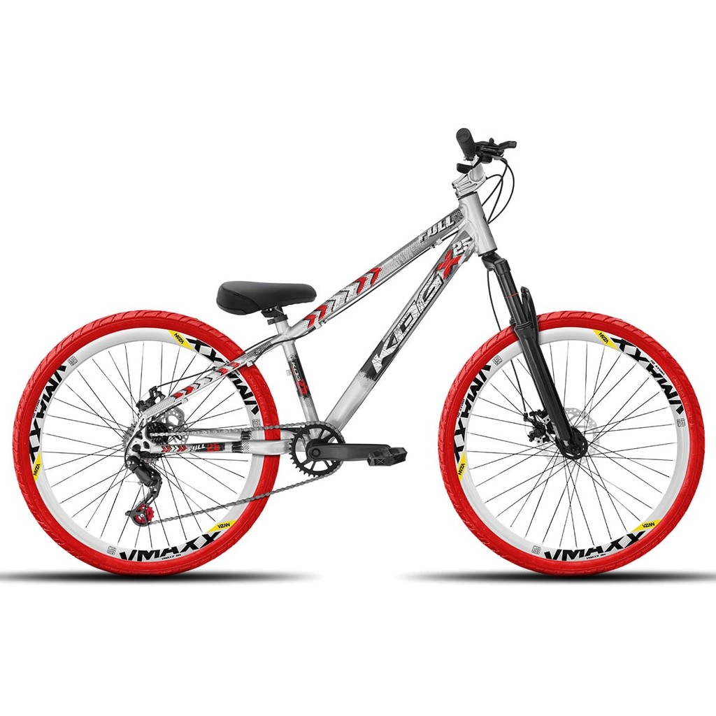 Bicicleta aro 26 KOG Freeride 1x7 Prata com Vermelho Vmaxx Branco - Pneus Vermelho - Mesa Curta Prata - Guidão Prata