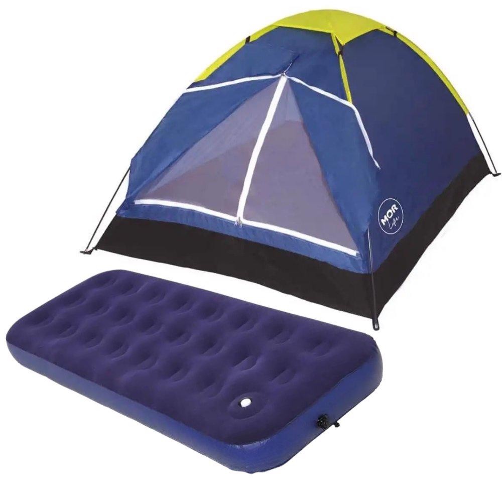 Barraca Iglu para Camping 2 Pessoas Azul com Colchão Inflável Solteiro com Inflador Mecânico MOR em Oferta na Shopee
