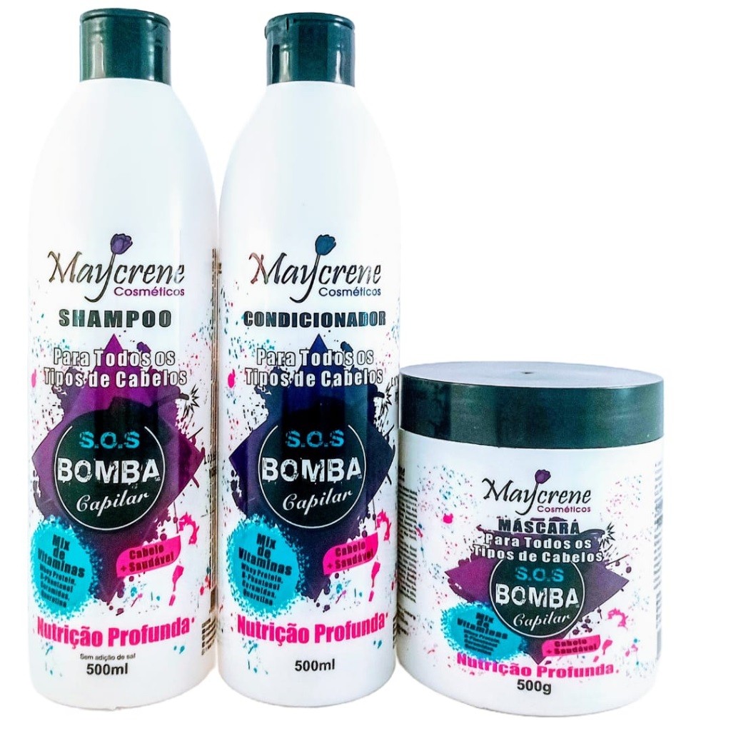 Kit S.O.S Bomba Capilar Completo 500ml Maycrene - Shampoo + Condicionador + Máscara Capilar
