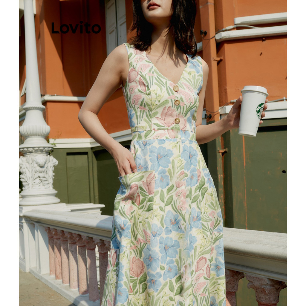 (Trendy) Lovito Vestido Elegante Vestido Floral Com Bolso E Botão Para Mulheres L89ED225 (Multicolorido) - Women Clothes