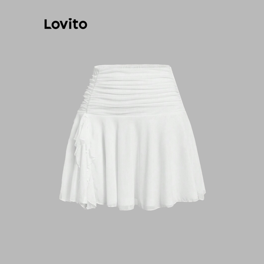 (Trendy) Lovito Saias Casuais Saia Drapeada Lisa Franzida Para Mulheres L101AD104 em Oferta na Shopee