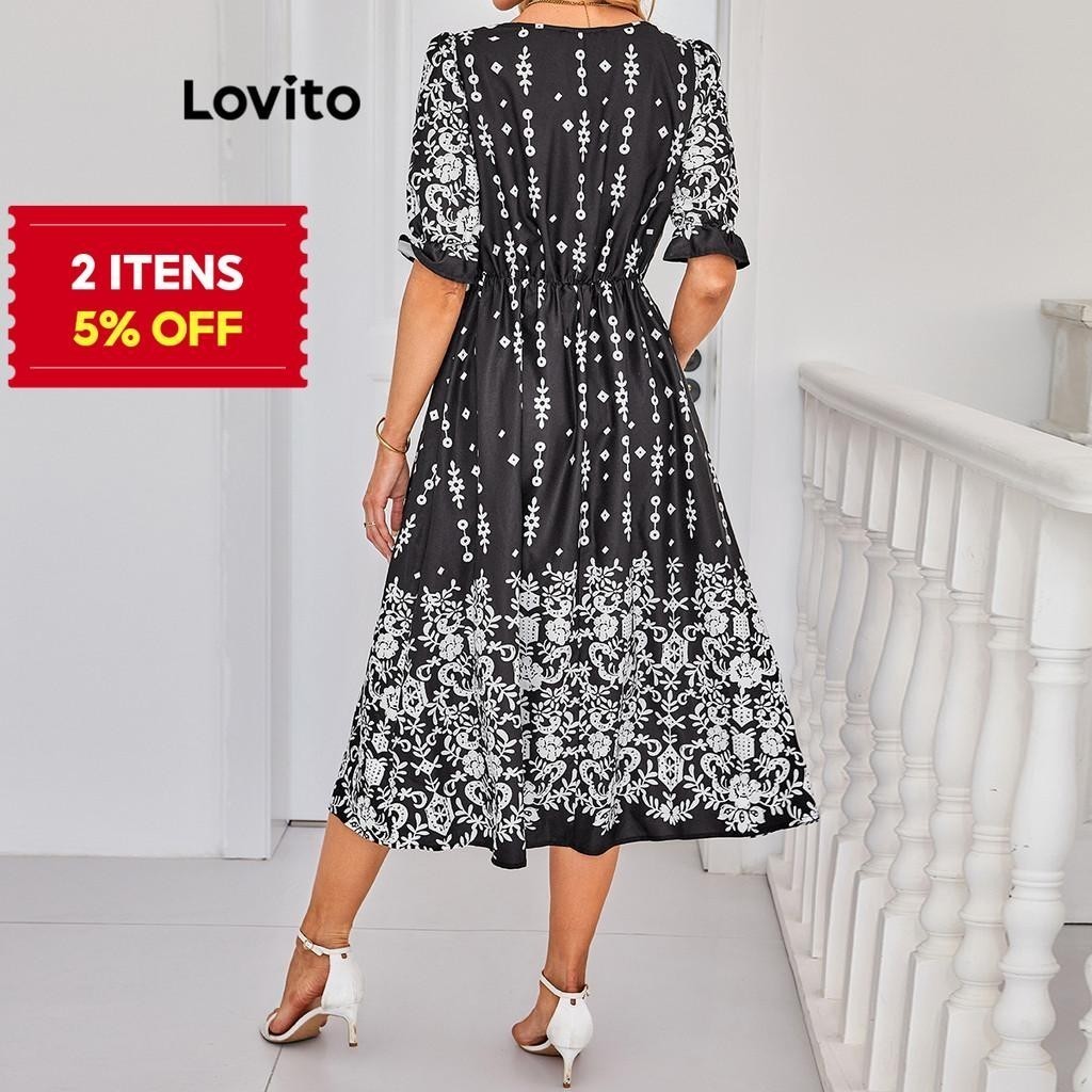 (Trendy) Lovito Vestido Casual de flores com costura em tecido com estampa Tribal para mulheres LBL21049 - Women Clothes
