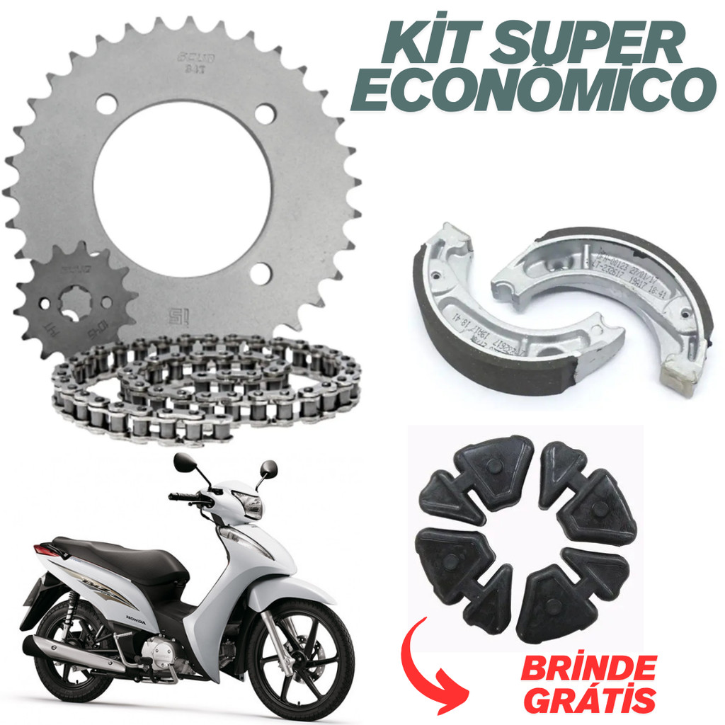 Kit Relação Transmissão Biz 125 Biz 100 pop 100 + Lona Freio Patins + Coxim Da Coroa