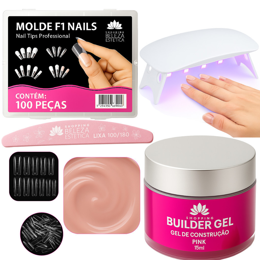 Kit Gel Construtor Unhas Profissional 100 Moldes F1 + Lixa + Mini Cabine UV/LED – Nail Designer Completo