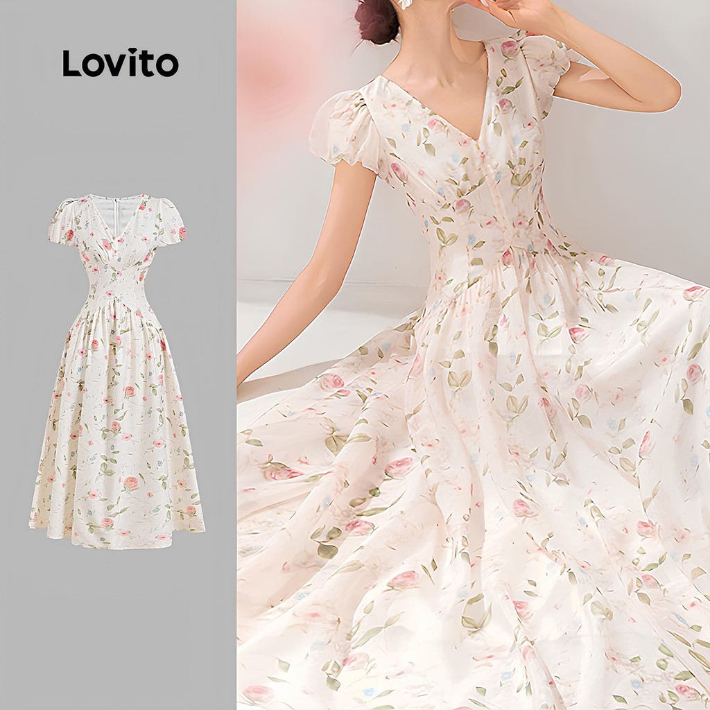 Lovito Vestido Casual com Corpete  Franzido  Fechamento com Zíper  para Primavera/verão para mulheres L142LD168 em Oferta na Shopee