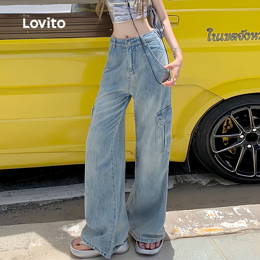 Detalhes do Lovito Jeans Casuais Lavados com Bolso  Jeans Azul para Mulheres  Todas As Estações L144AD337