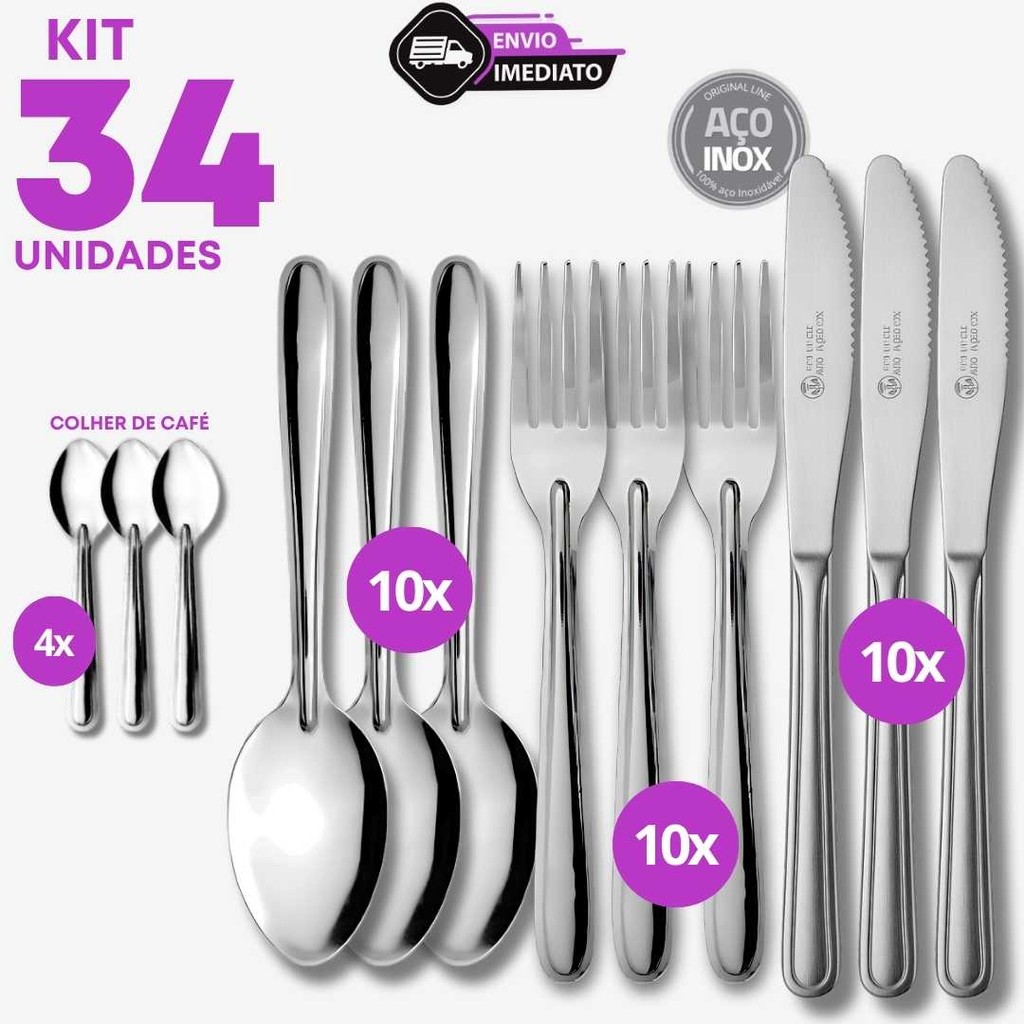 Jogo 34 Talher Inox 10 Garfo 10 Faca 10 Colher 4 Colher de Café Sopa Almoço Jantar Casa Cozinha Bar