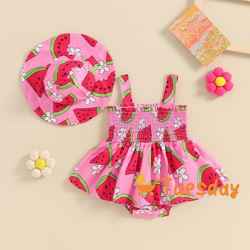 Roupa De Menina Recém-Nascida Com Estampa De Melancia , Vestido Sem Mangas Chapéu , Roupas De Verão De 0 A 18 Meses