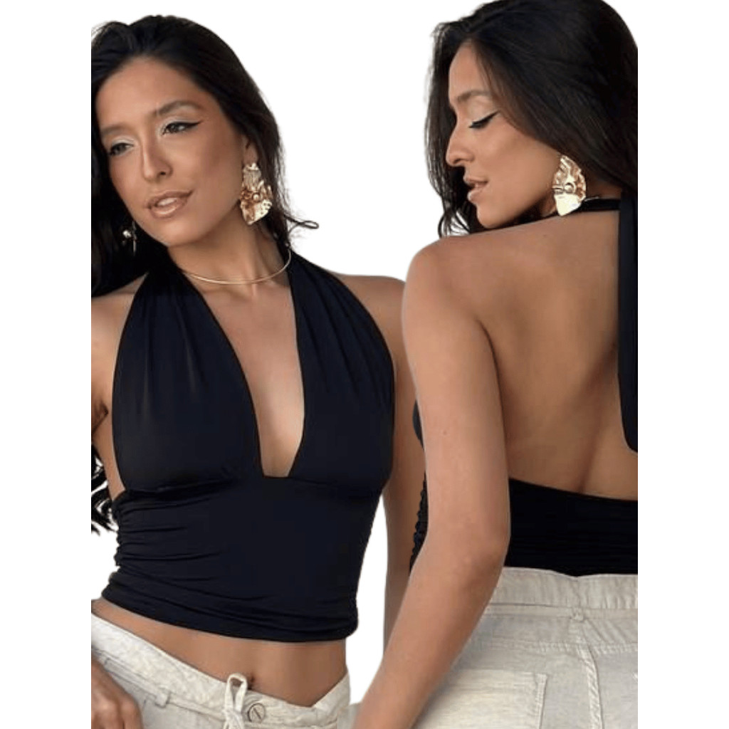 Blusa Cropped Com Amarraçao Decote Festa Moda Gringa Decotado Suplex Premium Sexy Elegante Slim