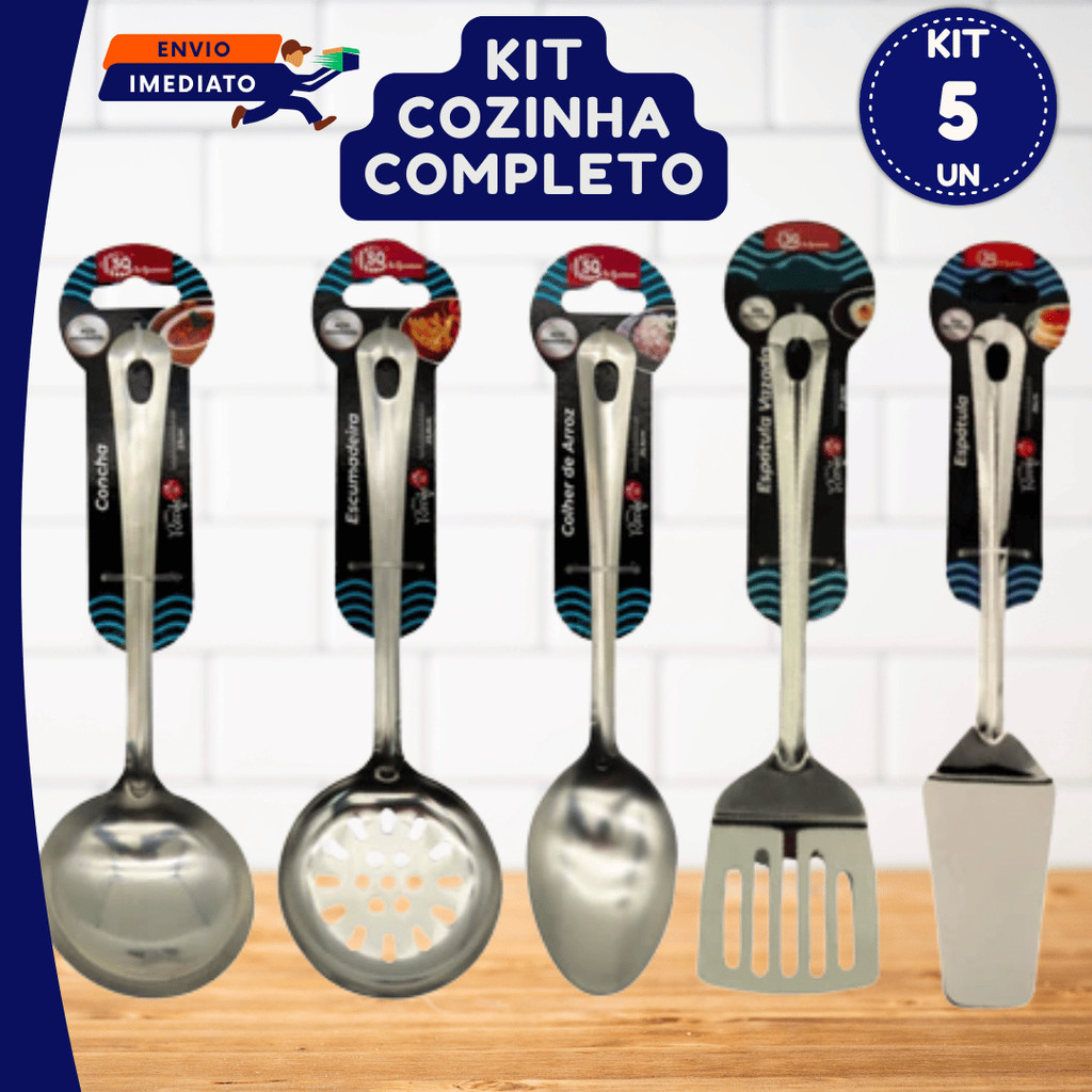 Jogo 3 4 ou 5 Utensílios em Aço Inox Para Servir Colher Concha Escumadeira Espátula e Espátula Vazada Bolo Massa Feijão