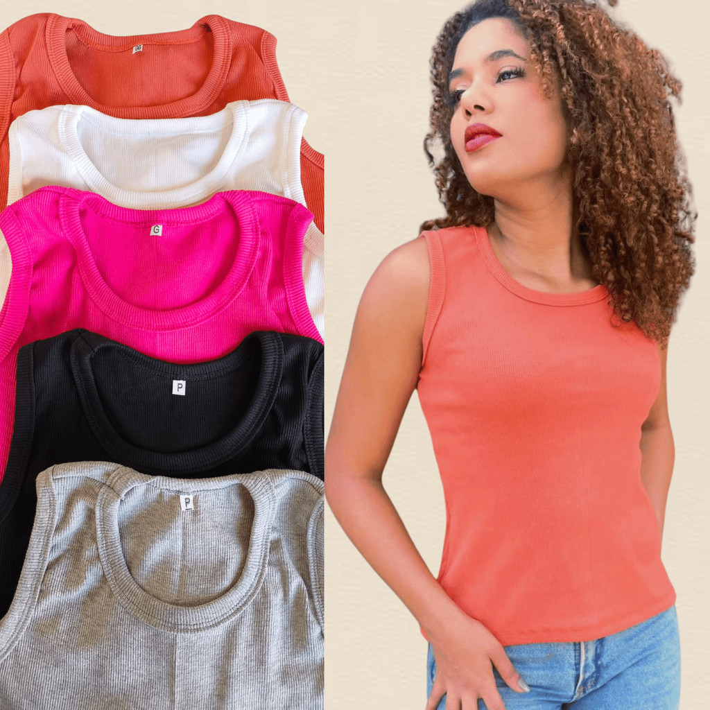 Blusa Regata Feminina Básica Algodão Canelada Ribana Confortável Elegante Moda Verão