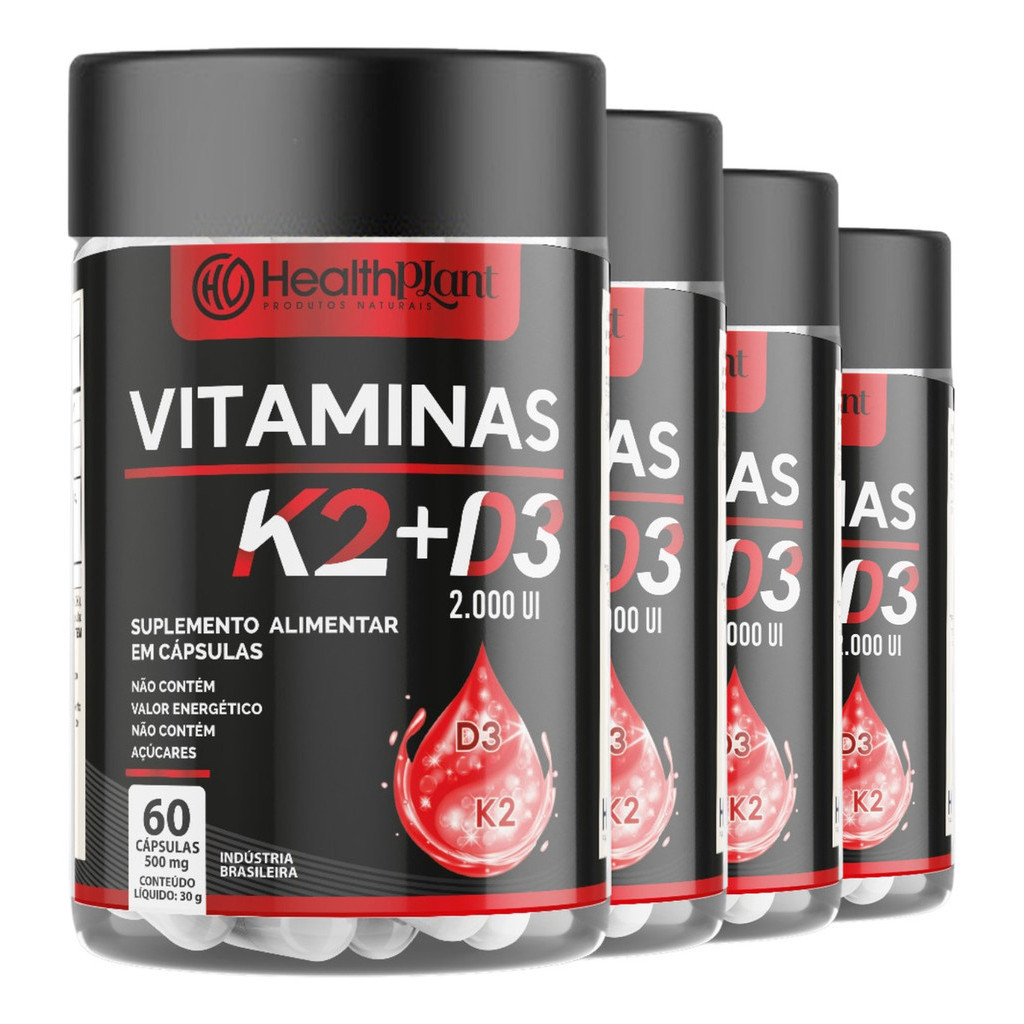 Kit 4 Potes Vitamina K2 + Vitamina D3 2000ui 500mg 240 Caps