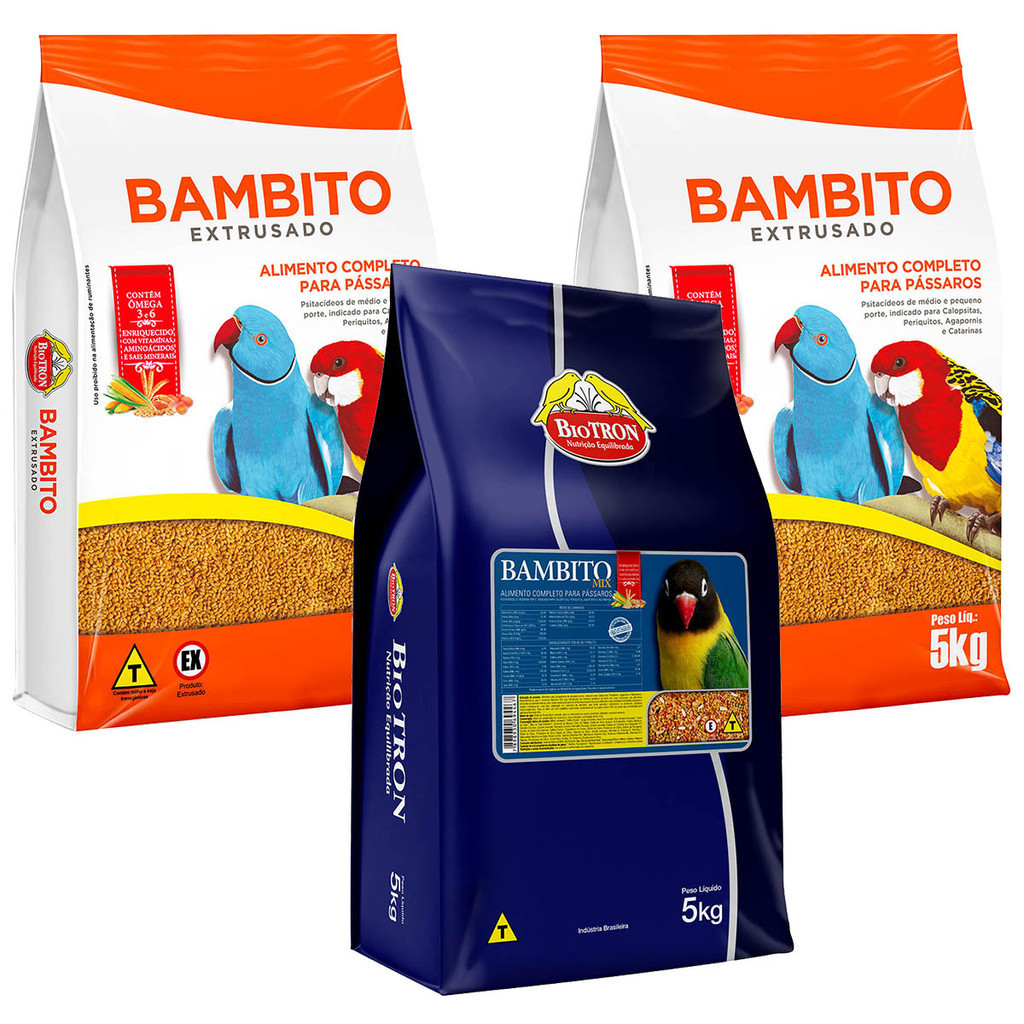 Kit 2 Bambito Extrusado 5kg + 1 Bambito Mix 5kg - Biotron Ração Criador Psitacídeos Ring Neck Rosela