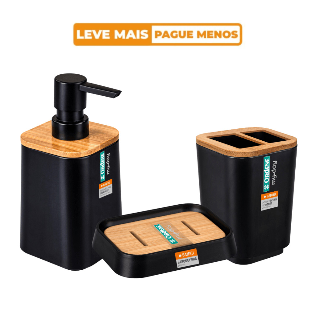 Kit Porta Escova de Dente + Saboneteira + Porta Sabonete Líquido Preto Bambu My Day Ordene em Oferta na Shopee