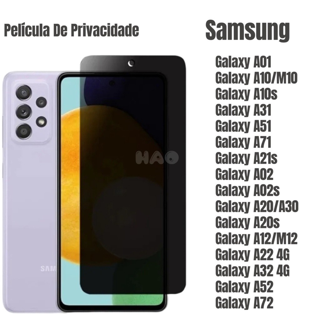 Película Vidro 3D Privacidade Anti Spy Tela Para Samsung Galaxy A01 A10/M10 A11/M11 A21s A31 A51 A71 A70 A02 M02 A02s
