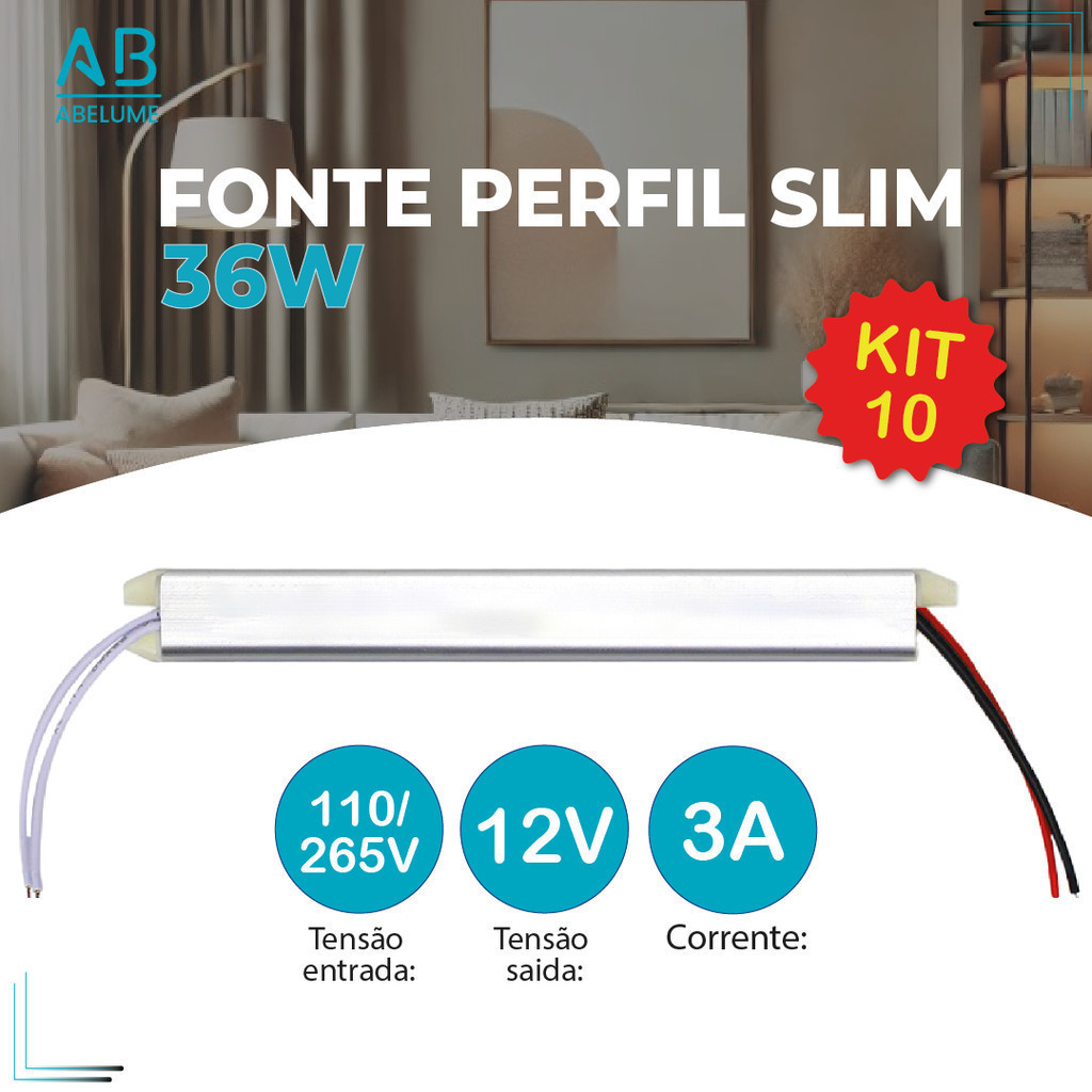 Kit 10 Fonte Slim Driver Chaveada 36W modelo fonte fina 12V~3A Bivolt 110V-265V - Home & Living
