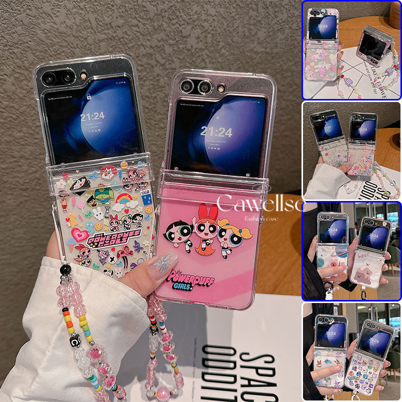 Caixa Slim Cute Cartoon Girls Flowers Bear Clear Case Samsung Galaxy Z Flip 6 5 4 3 5G Com Bracelete Colorida Dobradiça