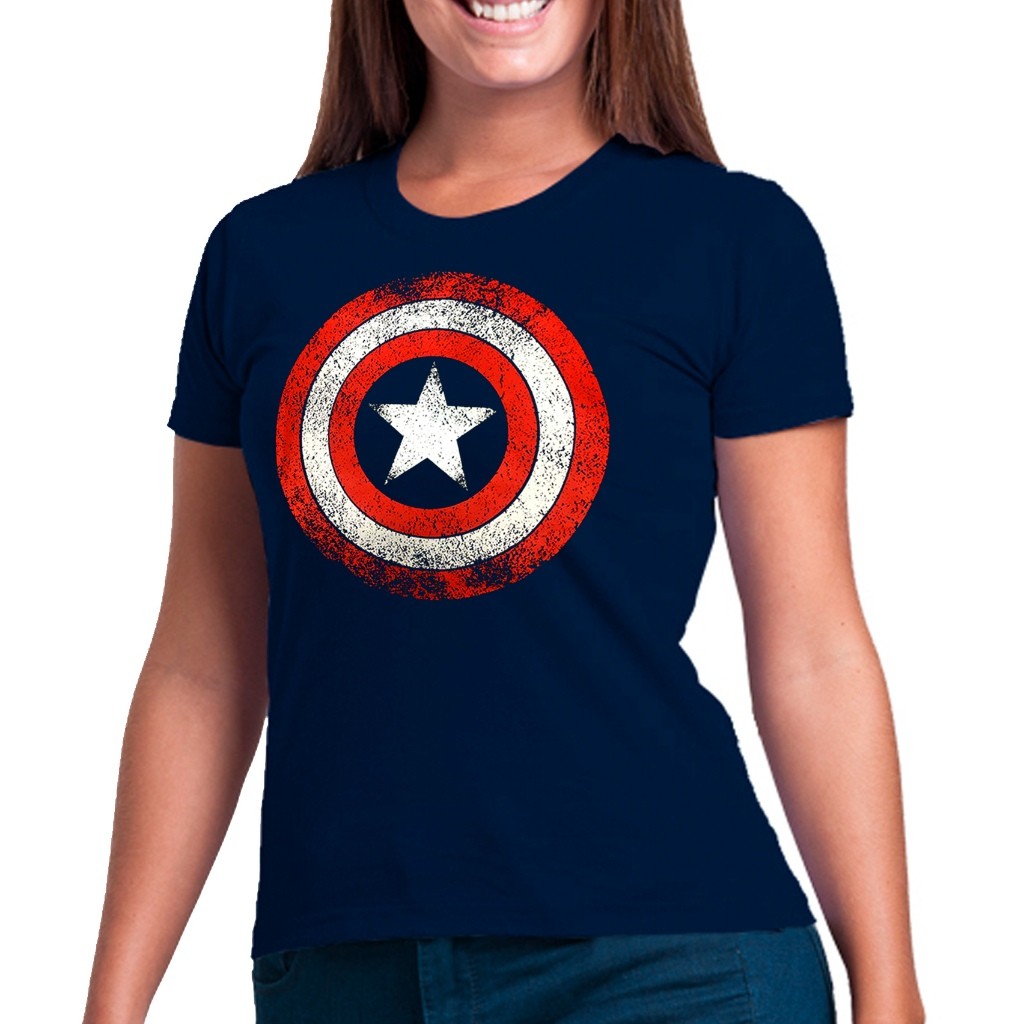 Camiseta feminina baby look Capitão américa escudo 100% Algodão