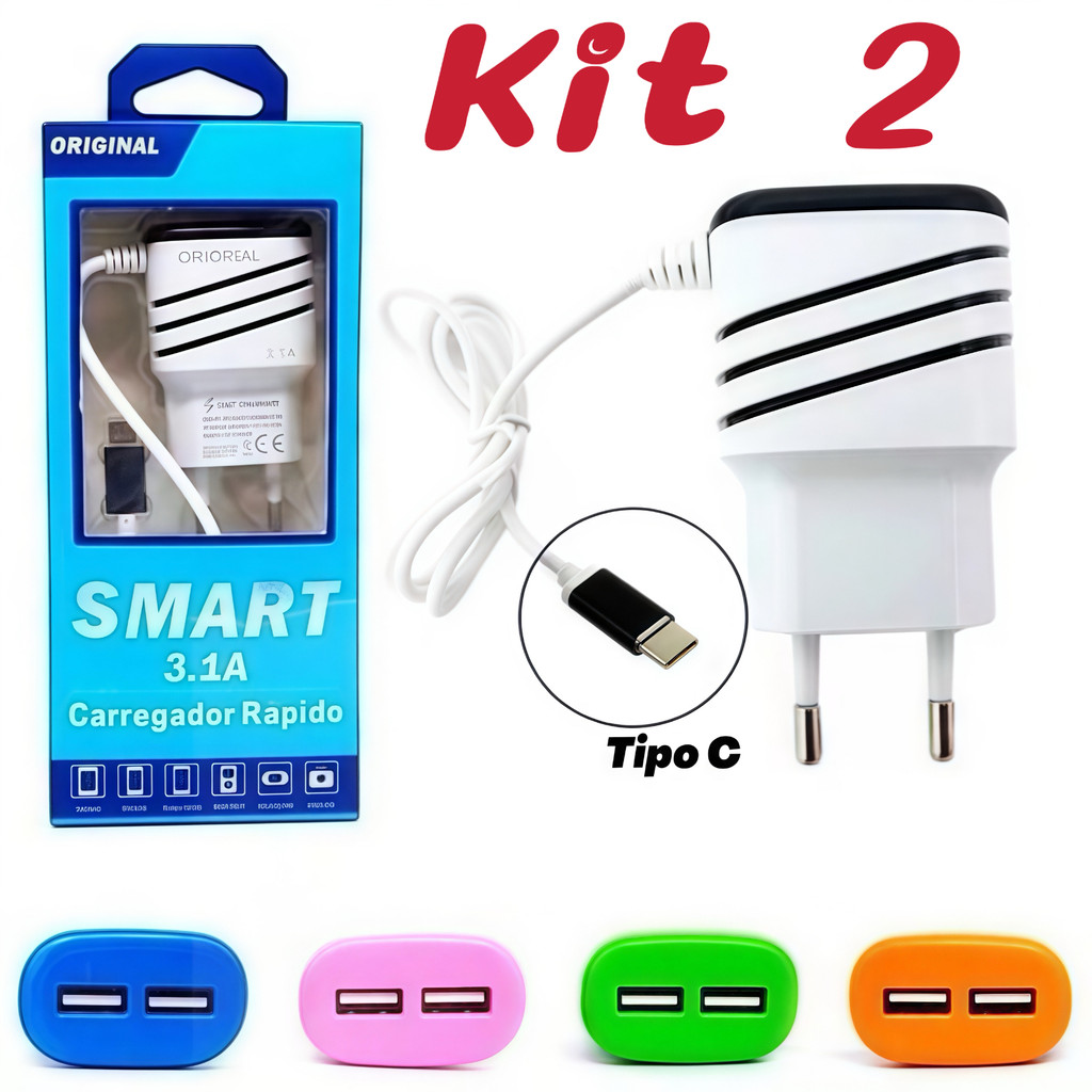 Kit 2 Carregador Turbo Celular Ultra Rápido 3.1 Tipo c Micro USB 2 Usbp Android Portátil em Oferta na Shopee