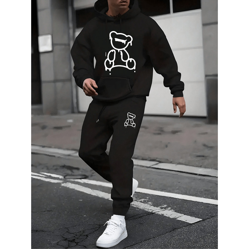 Conjunto Urso Moletom Canguru E Calça De Frio Casaco Abrigo Quente Kit Ursinho Blusa E Calça Slim Masculino Agasalho Tecido Confortável