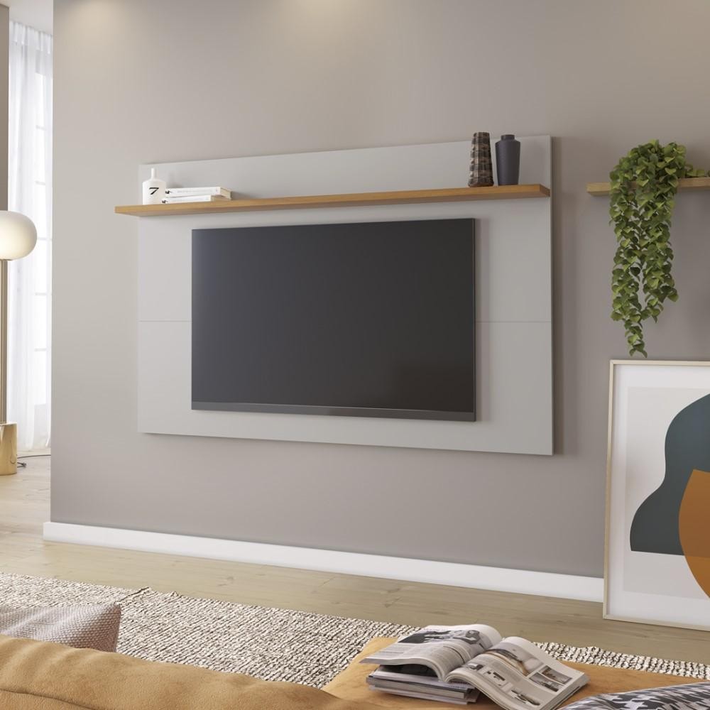 Painel Home Suspenso Para TV Até 60 Polegadas 1 Prateleira Sala de Estar Off White e Marrom Madeira - Home & Living