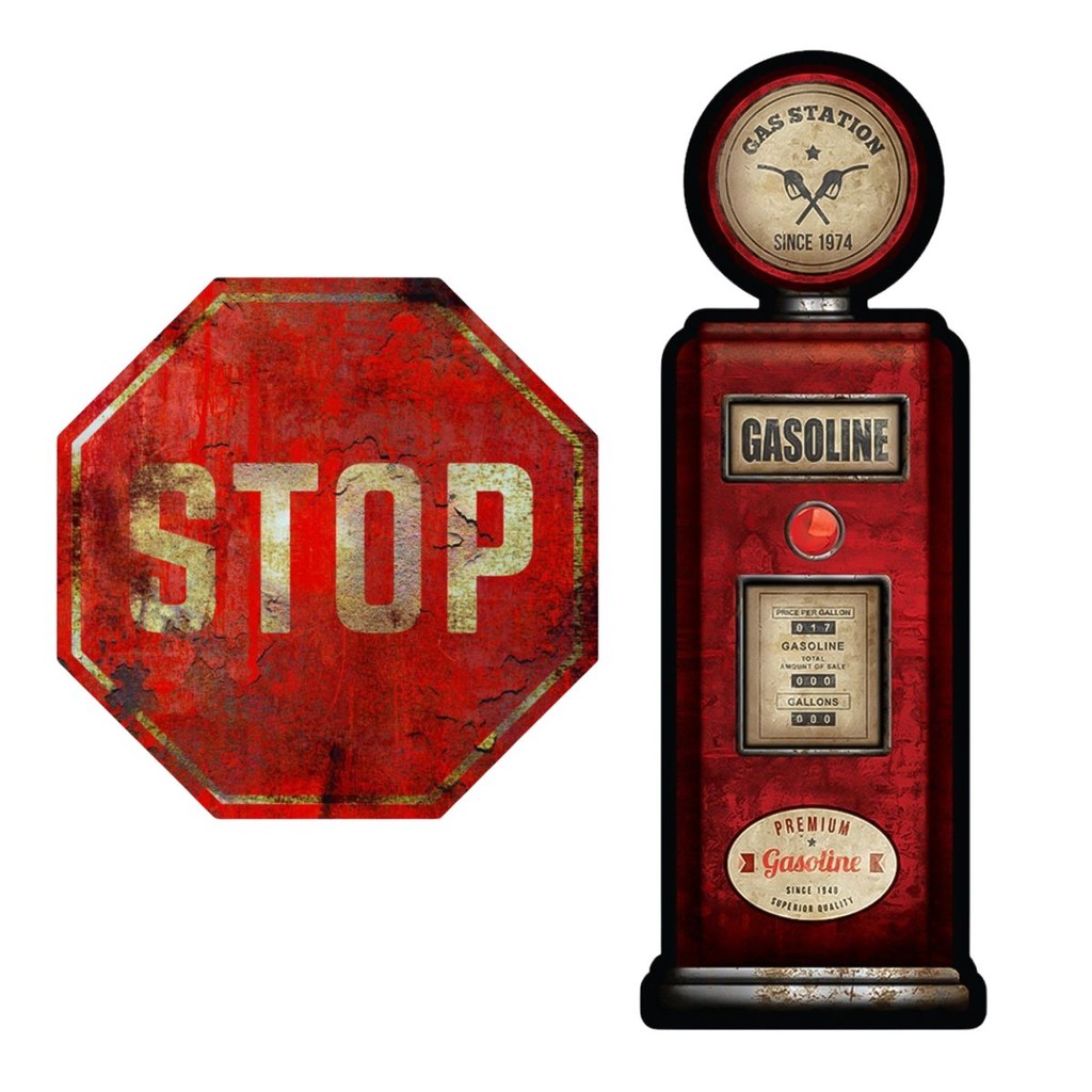 Kit Placas Quadros Decoração Bomba Gasolina E Stop Trânsito