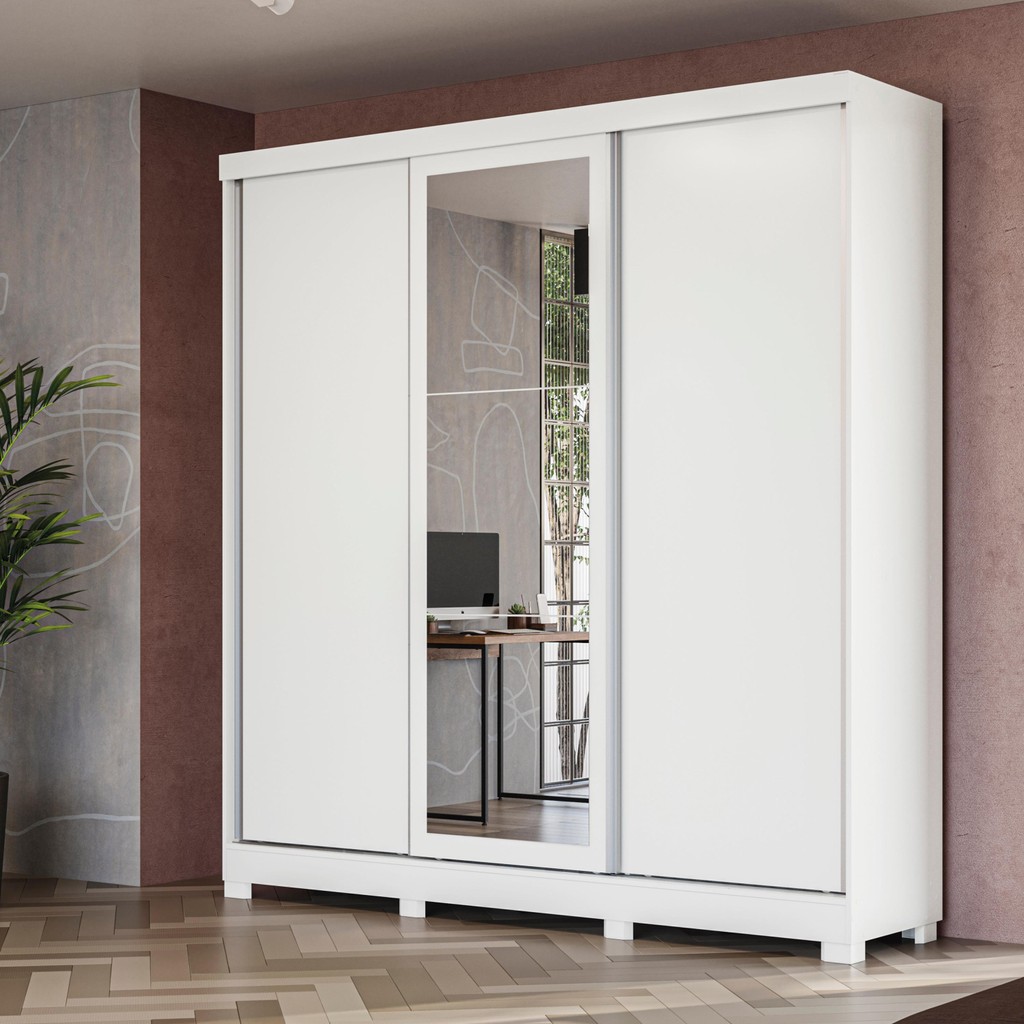 Guarda-Roupa Casal Kappesberg 3 Portas Reversiveis de Correr 3 Espelhos 1 Cabideiro Branco em Oferta na Shopee