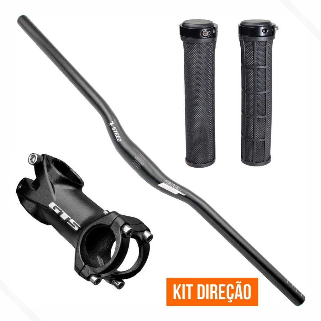 Kit Guidão Bicicleta MTB Alumí. Curvo 31.8x700mm c/Suporte Mesa Preto GTS + 1 Manopla c/ Trava Preta
