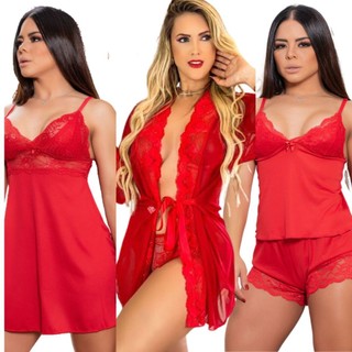 KIT COM 1 CAMISOLA SENSUAL FEMININA 1 ROBE SEXY 1 BABY DOLL SHORT DOLL em Oferta na Shopee