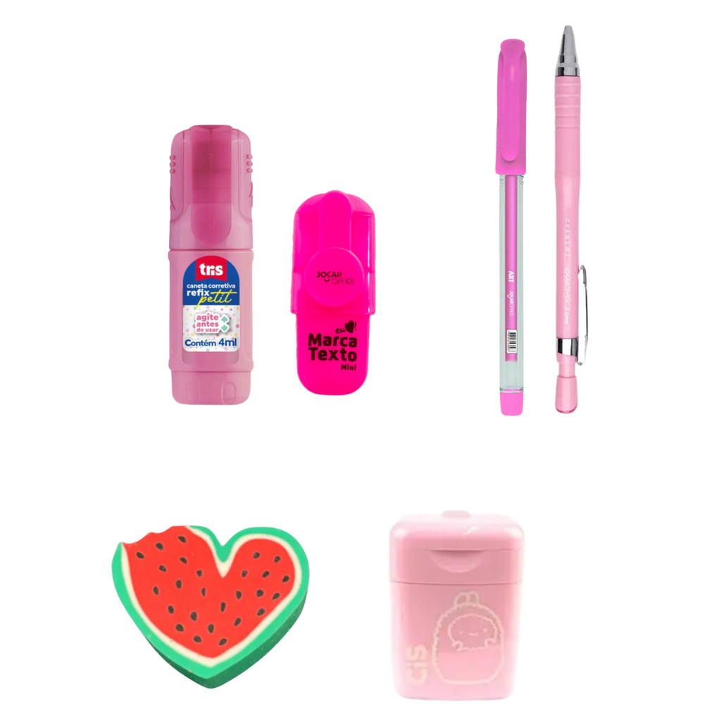Kit Papelaria Rosa Completo – Caneta Corretiva, Marca-Texto, Lápis, Caneta e Acessórios Fofos