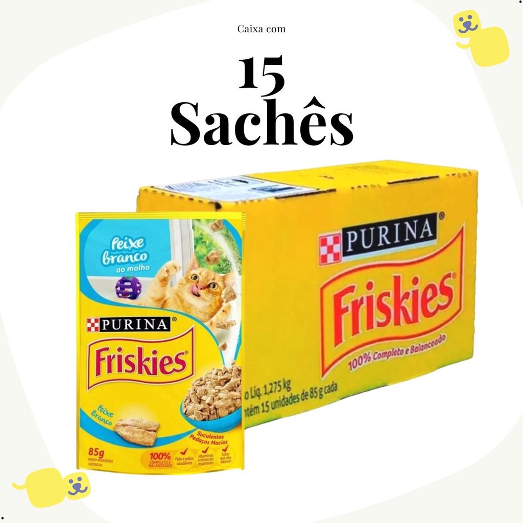 Kit 15 Unidades Sachês Friskies Alimento Úmido Gato Ração Úmida Sabor Peixe Bran