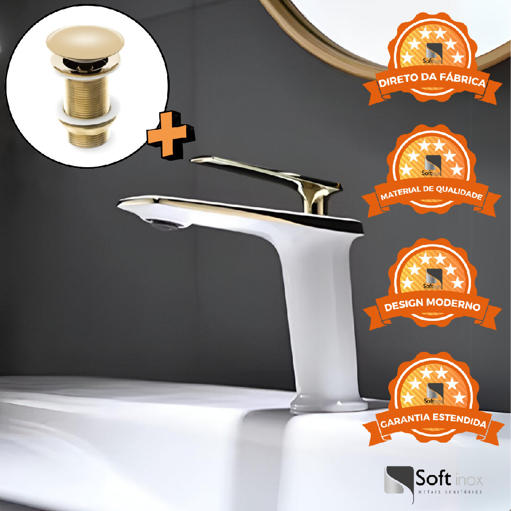 Kit Torneira Monocomando Petra Baixa Branco/Gold + Válvula Click 1.1/4 Gold