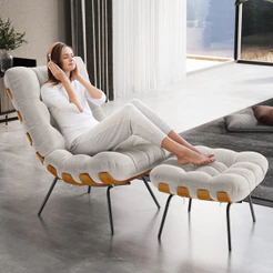 Poltrona Costela L02 com Puff Sala de Estar Bouclê Creme - Lyam Decor