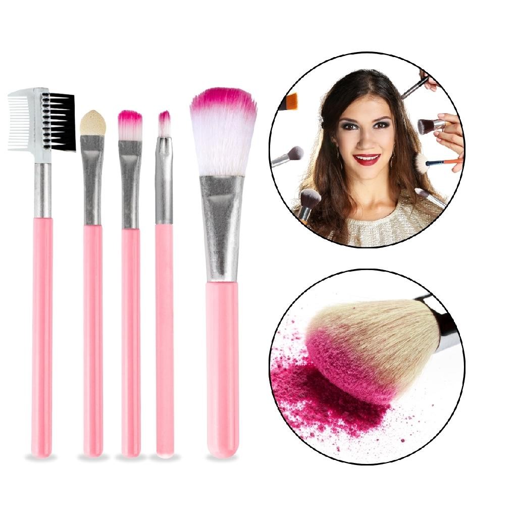 Kit 5 Pincéis Maquiagem Rosa Rosto Make-Up Pó Sombra Batom Auto Maquiagem Necessaire Sobrancelha
