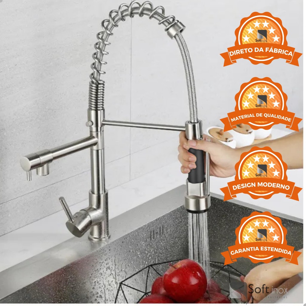 Torneira Monocomando de Cozinha 50cm Escovada de Metal Duas Saídas.
