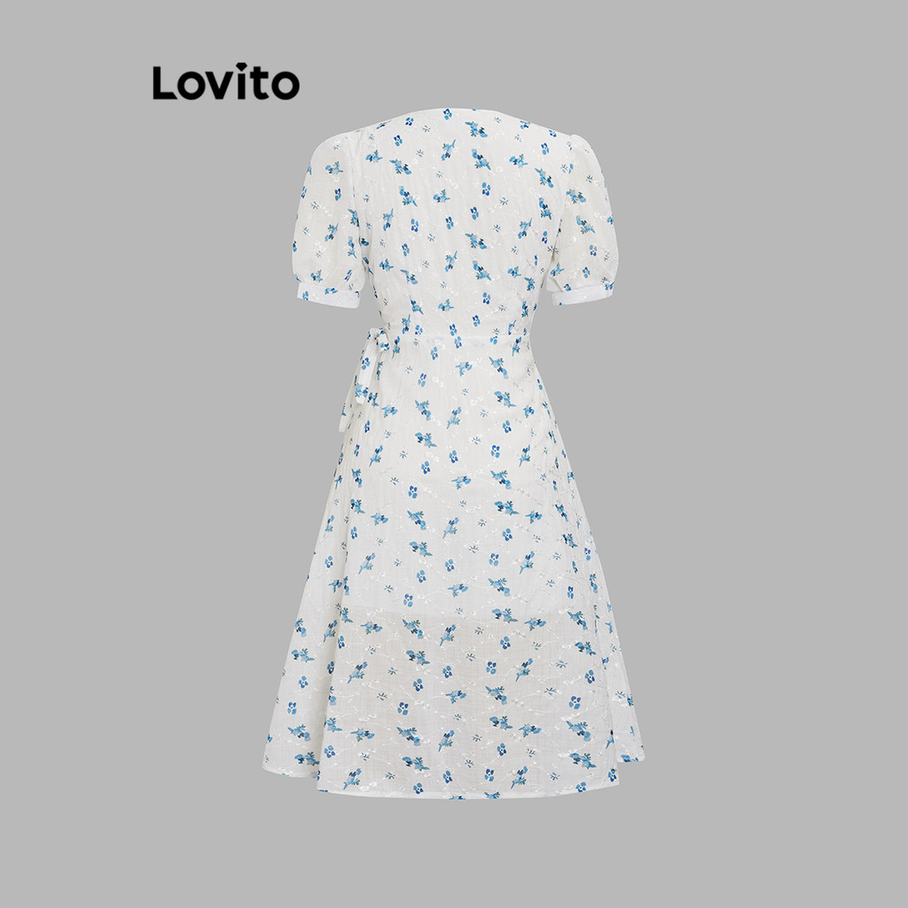 Detalhes do Lovito Elegante Vestido Feminino Floral de Amarrar LNE33029 (Branco)