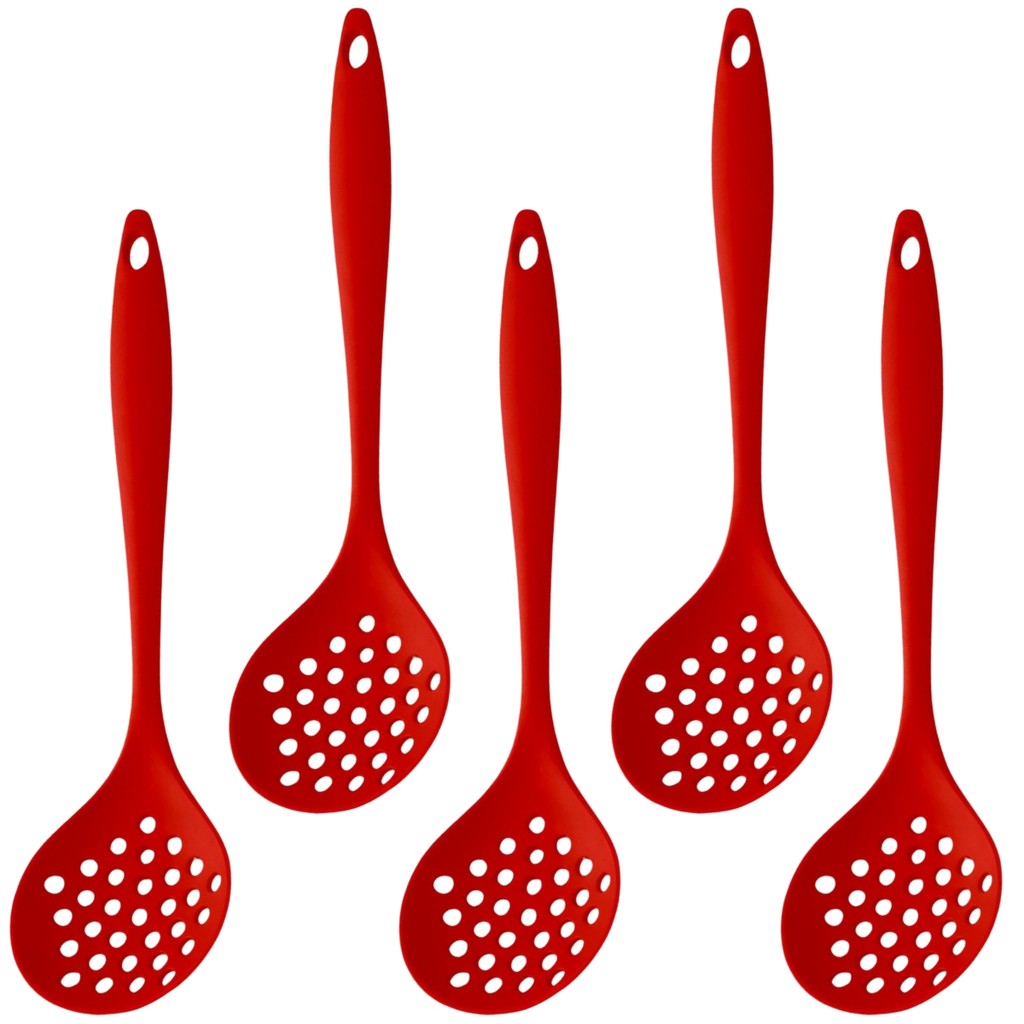 Kit 5 Escumadeiras de Silicone Vermelha Grande Utensílio de Cozinha Maciço Anti-risco para Panelas Antiaderentes Casa