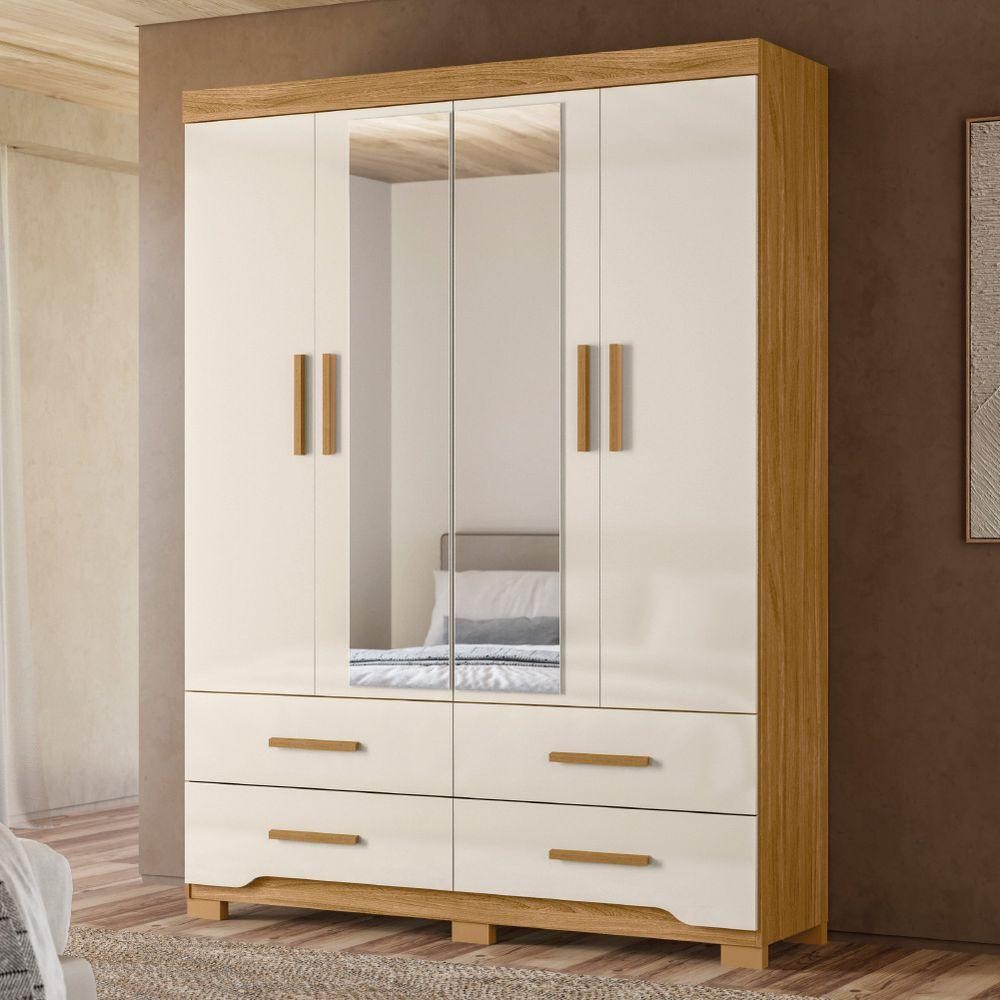 Guarda Roupas Casal Com Espelho 4 Portas 4 Gavetas Miami Madeirado Off White em Oferta na Shopee